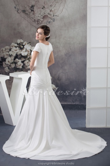 A-line Scoop Court Train Short Sleeve Satin Wedding Dress