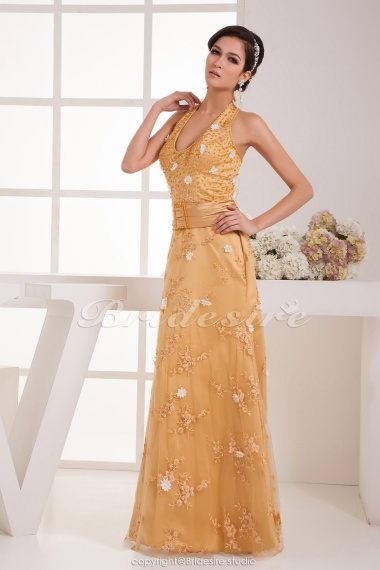 A-line Halter Floor-length Sleeveless Satin Dress