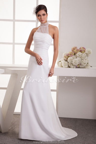 A-line High Neck Floor-length Sweep Train Sleeveless Chiffon Wedding Dress