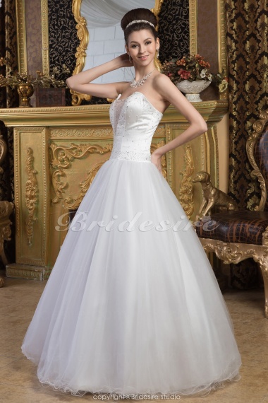 A-line Sweetheart Floor-length Sleeveless Satin Organza Wedding Dress