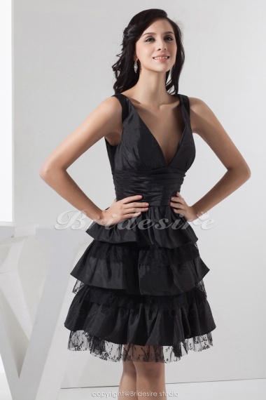 A-line V-neck Short/Mini Sleeveless Taffeta Dress