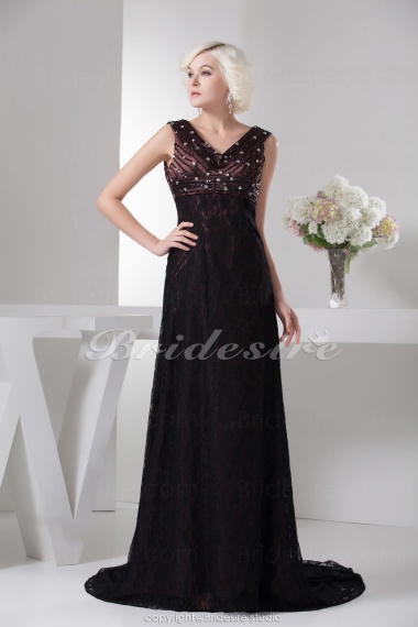 A-line V-neck Floor-length Sweep Train Sleeveless Lace Chiffon Mother of the Bride Dress