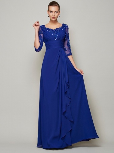 A-line Scoop 3/4 Length Sleeve Chiffon Mother of the Bride Dress
