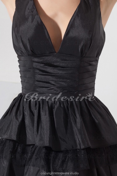 A-line V-neck Short/Mini Sleeveless Taffeta Dress
