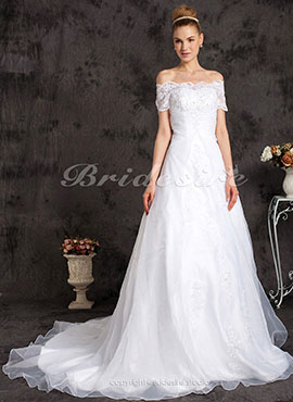 Sheath Column Tulle Chapel Train Off the Shoulder Dress