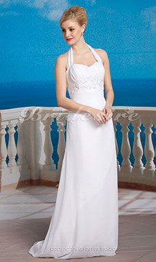 Sheath/ Column Chiffon Halter Asymmetrical Empire Wedding Dress with Beaded Appliques
