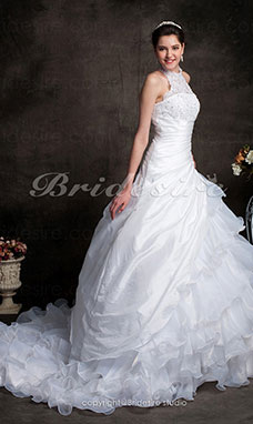 Ball Gown Chapel Train Organza Tiered High Neck Wedding Gown