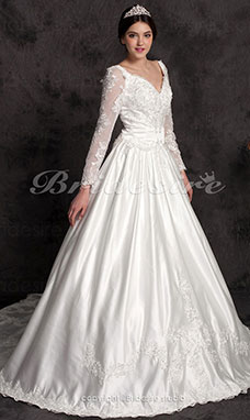 Ball Gown Long Sleeves V-neck Satin Chapel Train Wedding Dress