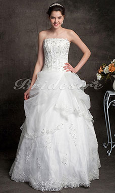 A-line Floor-length Scalloped-Edged Neckline Organza Strapless Wedding Dress