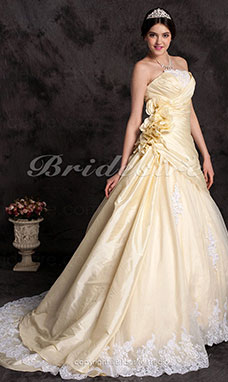 A-line Taffeta Strapless Cathedral Train Wedding Dress with Flowers