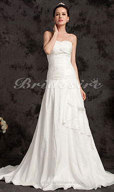 A-line Sweetheart Satin Strapless Court Train Wedding Dress 