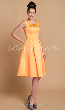 A-line Satin Knee-length Jewel Bridesmaid Dress