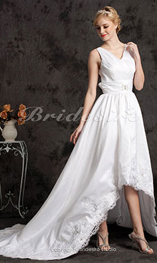 A-line Asymmetrical Taffeta And Lace Court Train V-neck Wedding Dress 