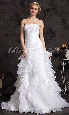 A-line Appliques Strapless Side-Draped Tiered Floor-length Wedding Dress