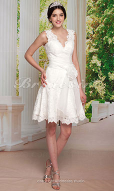 A-line Knee-length Lace V-neck Wedding Dress