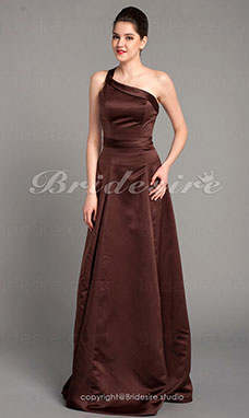 A-line Sleeveless One Shoulder Satin Ankle-length Bridesmaid Dress