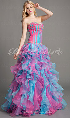 Ball Gown Organza Floor-length Sweetheart Evening Dress With Crystal Detailing And Cascading Ruffles