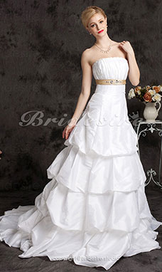 A-line Strapless Princess Court Train Taffeta Wedding Dress with Pick-ups and A Belt