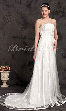 A-line Tulle Sweep/Brush Train Strapless Wedding Dress