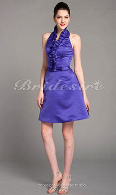 A-line Satin Knee-length Halter Bridesmaid Dress