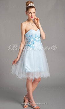 A-line Strapless Sweetheart Stretch Satin And Tulle Short/Mini Evening Dresses