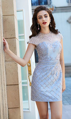 Sheath/Column Jewel Short Sleeve Satin Dress