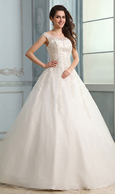 Ball Gown Bateau Floor-length Lace Wedding Dress