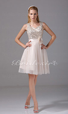 A-line Sweetheart Knee-length Sleeveless Satin Sequined Tulle Dress
