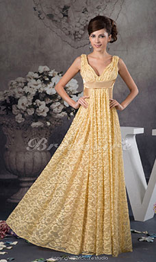A-line V-neck Floor-length Sleeveless Lace Dress