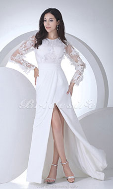 Sheath/Column Scoop Floor-length Long Sleeve Chiffon Lace Wedding Dress