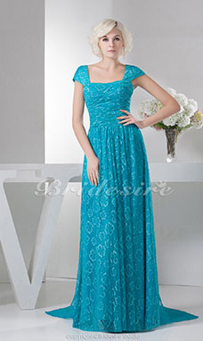 A-line Square Floor-length Sweep Train Short Sleeve Satin Mother of the Bride Dress