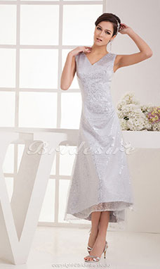 A-line V-neck Ankle-length Sleeveless Satin Dress