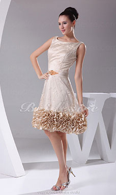 A-line Scoop Knee-length Sleeveless Taffeta Lace Dress
