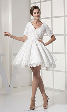 A-line V-neck Short/Mini Short Sleeve Taffeta Lace Dress