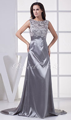 A-line Scoop Court Train Sleeveless Stretch Satin Lace Dress