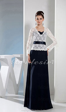 A-line V-neck Floor-length Long Sleeve Satin Lace Dress