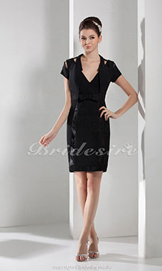 Sheath/Column V-neck Knee-length Short Sleeve Satin Dress