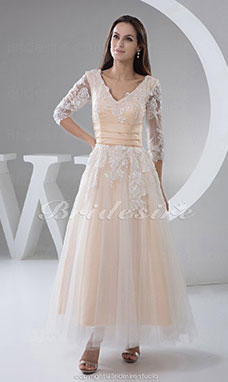 Princess V-neck Tea-length Sleeveless Tulle Taffeta Dress
