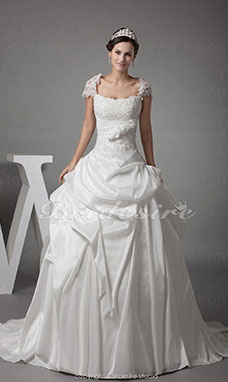 Ball Gown Square Court Train Short Sleeve Taffeta Wedding Dress