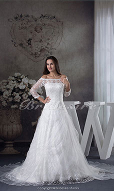 A-line Bateau Chapel Train 3/4 Length Sleeve Organza Lace Wedding Dress