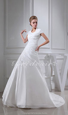 Ball Gown   Court Train Short Sleeve Satin Wedding Dress