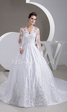 Ball Gown V-neck Chapel Train Long Sleeve Taffeta Lace Wedding Dress