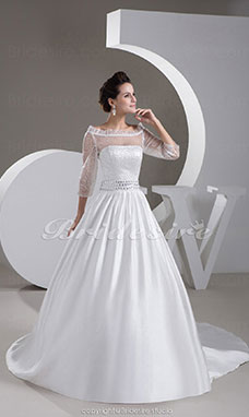 Ball Gown Off-the-shoulder Court Train 3/4 Length Sleeve Satin Tulle Wedding Dress