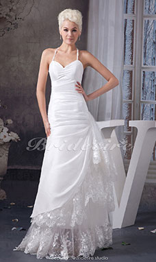 A-line Halter Floor-length Sleeveless Satin Lace Wedding Dress