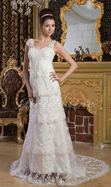 A-line V-neck Floor-length Sweep Train Sleeveless Satin Wedding Dress