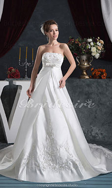 A-line Strapless Floor-length Court Train Sleeveless Satin Wedding Dress