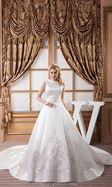 A-line Jewel Floor-length Cathedral Train Sleeveless Satin Wedding Dress