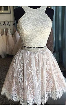 A-line Halter Sleeveless Lace Dress