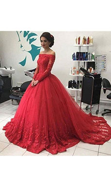Ball Gown Off-the-shoulder Long Sleeve Tulle Dress