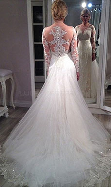 A-line Scoop Long Sleeve Tulle Wedding Dress